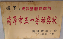 成武县新宝gg燃气有限公司获得2014年度“菏泽市五一劳动奖状”及“菏泽市学习型组织标兵单位”称号